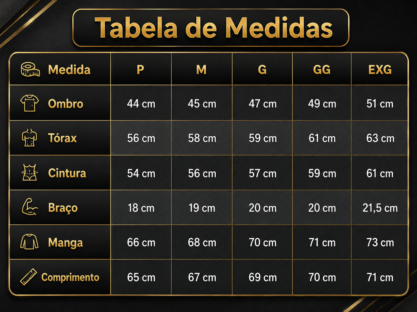 Tabela de medidas das jaquetas masculinas (P, M, G, GG, EXG)